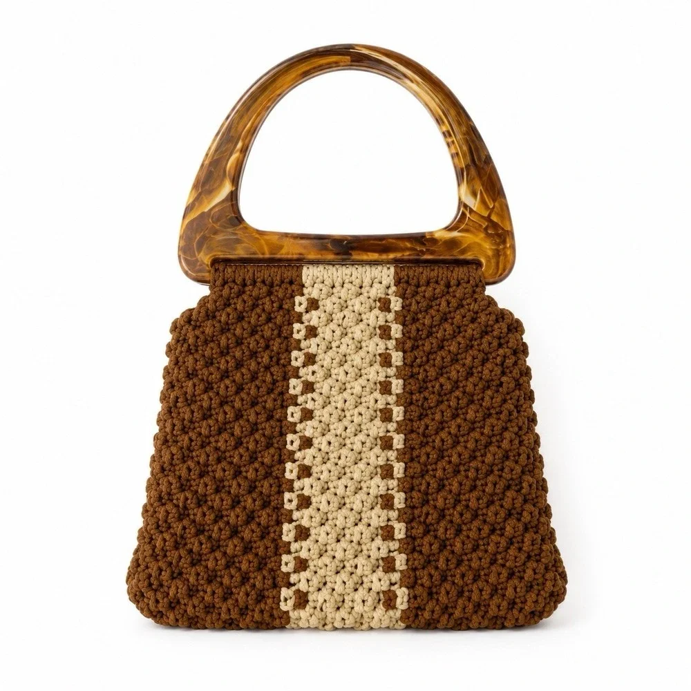 Vtg 70s Macrame Handbag Artisan Lucite Handle Brown Cream Lined Handmade Resort